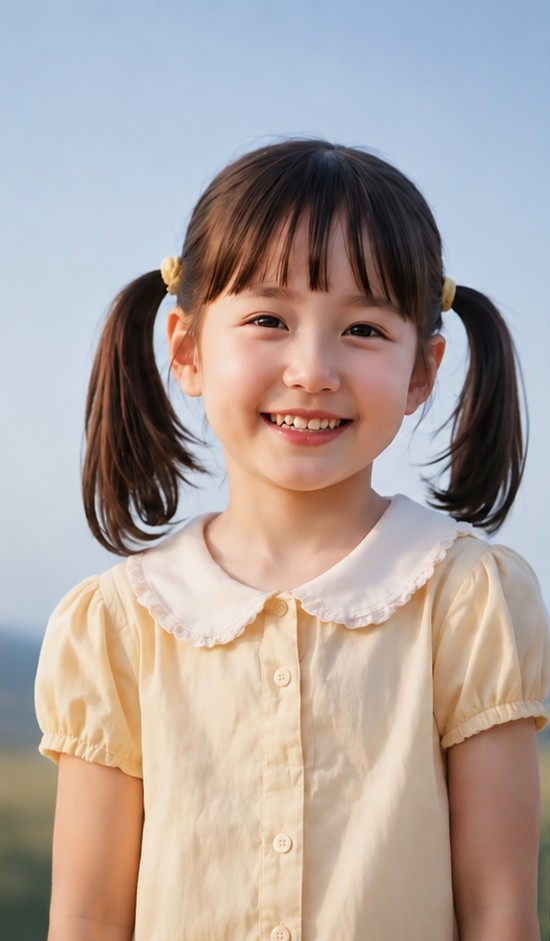 양갈래 머리를 하고 환하게 웃는 초등학생 아이