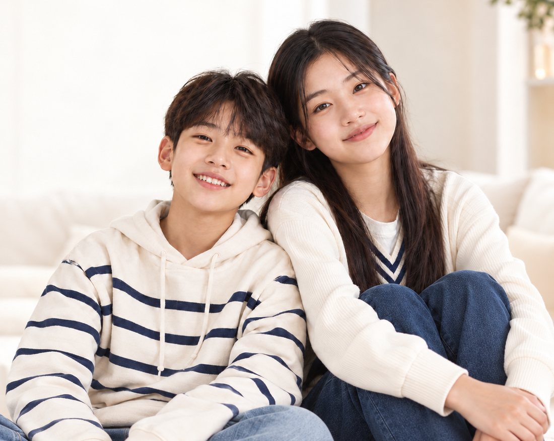 나란히 앉아 웃고 있는 초등학생 남자아이와 중학생 여자아이